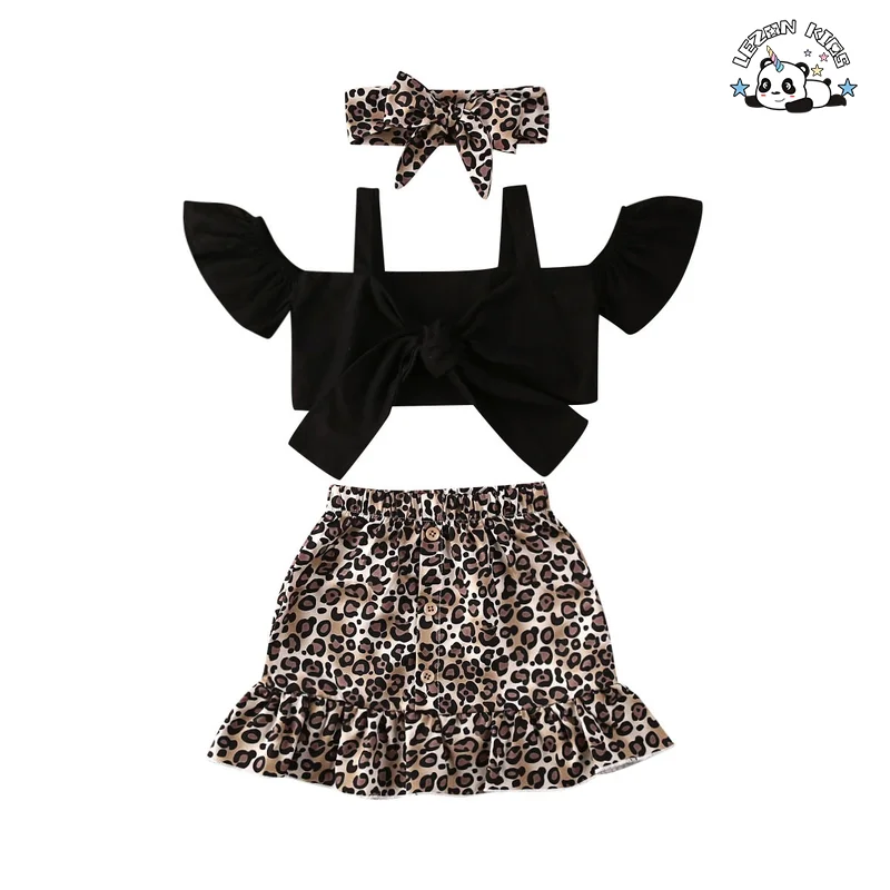 LEZONKIDS - Summer Toddler Baby Girls Clothes Off Shoulder T+ Leopard Print Skirt+ Heardgear 3 Pcs Sets for 3-8 Years Children Clothing